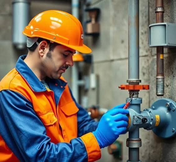 Técnico realizando atendimento em sistema a gás com segurança
